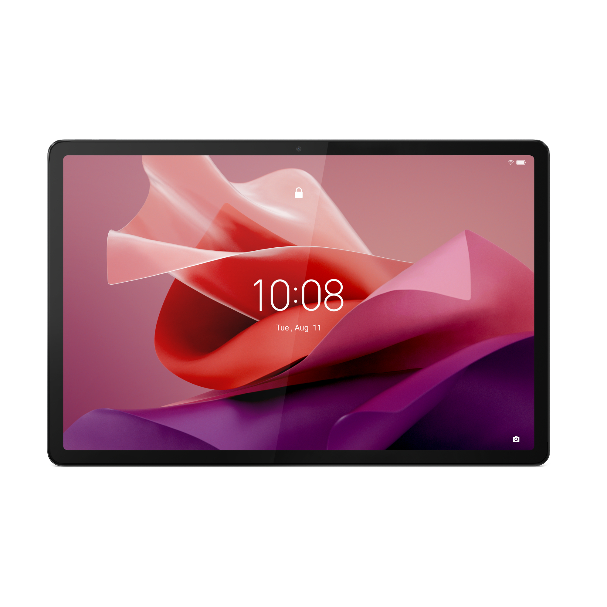 Schwarzes Tablet mit lebendigem Display, das eine Uhr und abstrakte Kunst zeigt. Frontansicht, freigestellt.