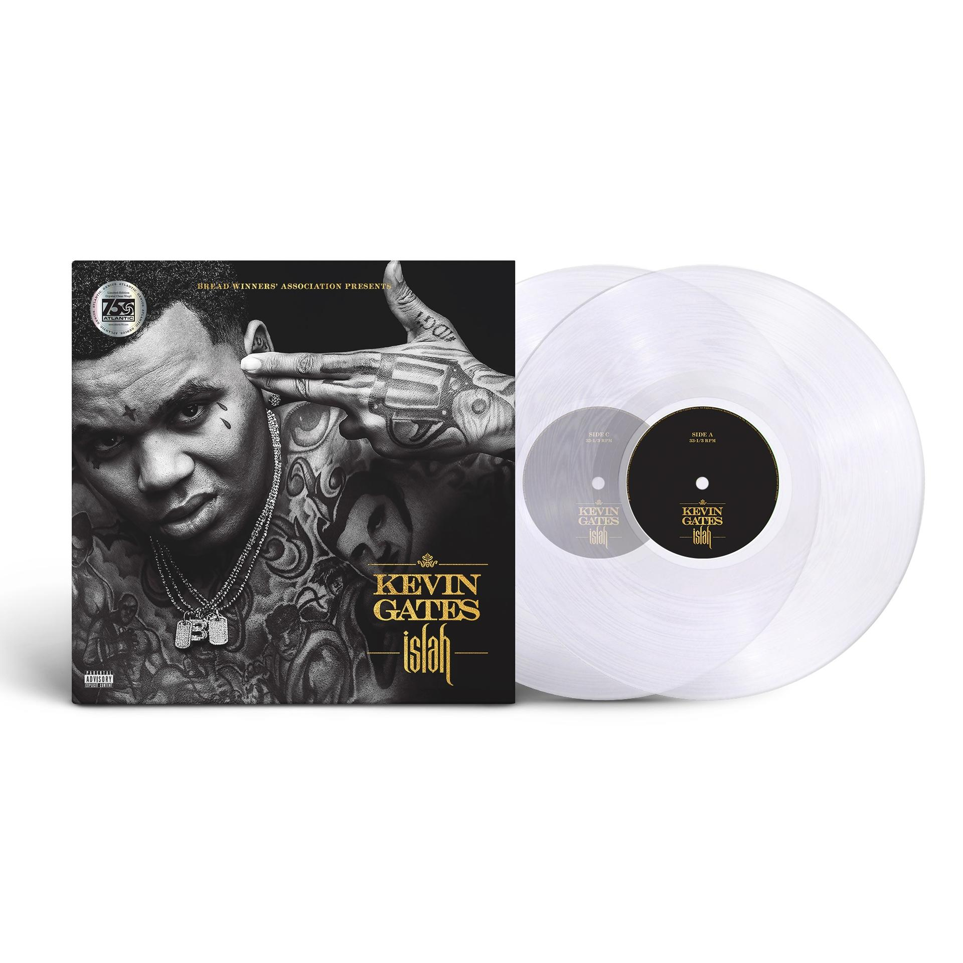 Albumcover mit Kevin Gates, einer Schallplatte und zwei transparenten Vinylplatten.