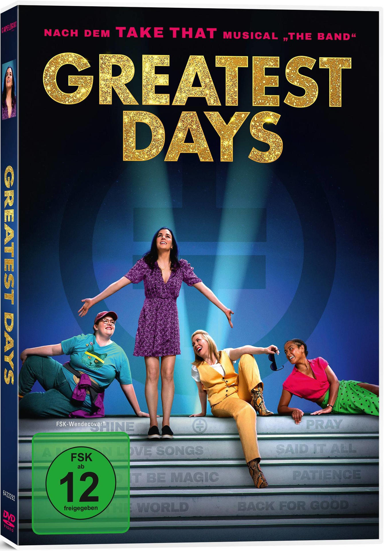 Filmcover für 'Greatest Days'. Zeigt eine Frauengruppe und goldenen Text auf dunklem Hintergrund.