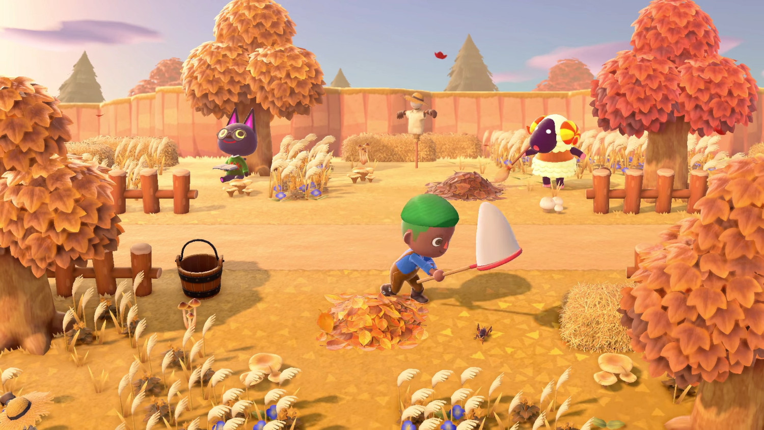 Une scène colorée d'Animal Crossing. Un garçon attrape des feuilles, des animaux sont présents et le cadre est automnal.