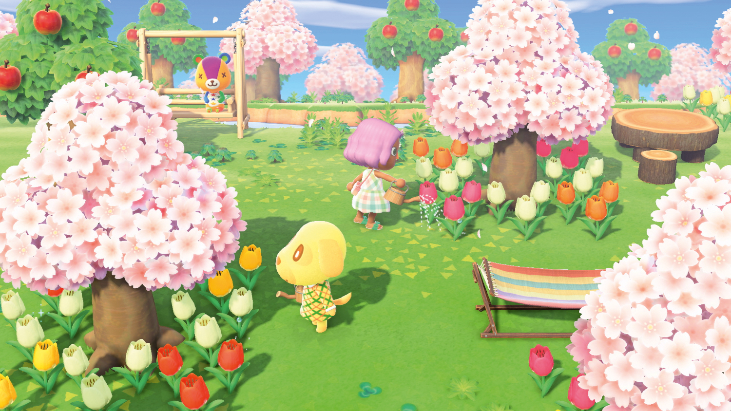 Une scène colorée d'Animal Crossing avec des personnages, des cerisiers en fleurs et des fleurs.