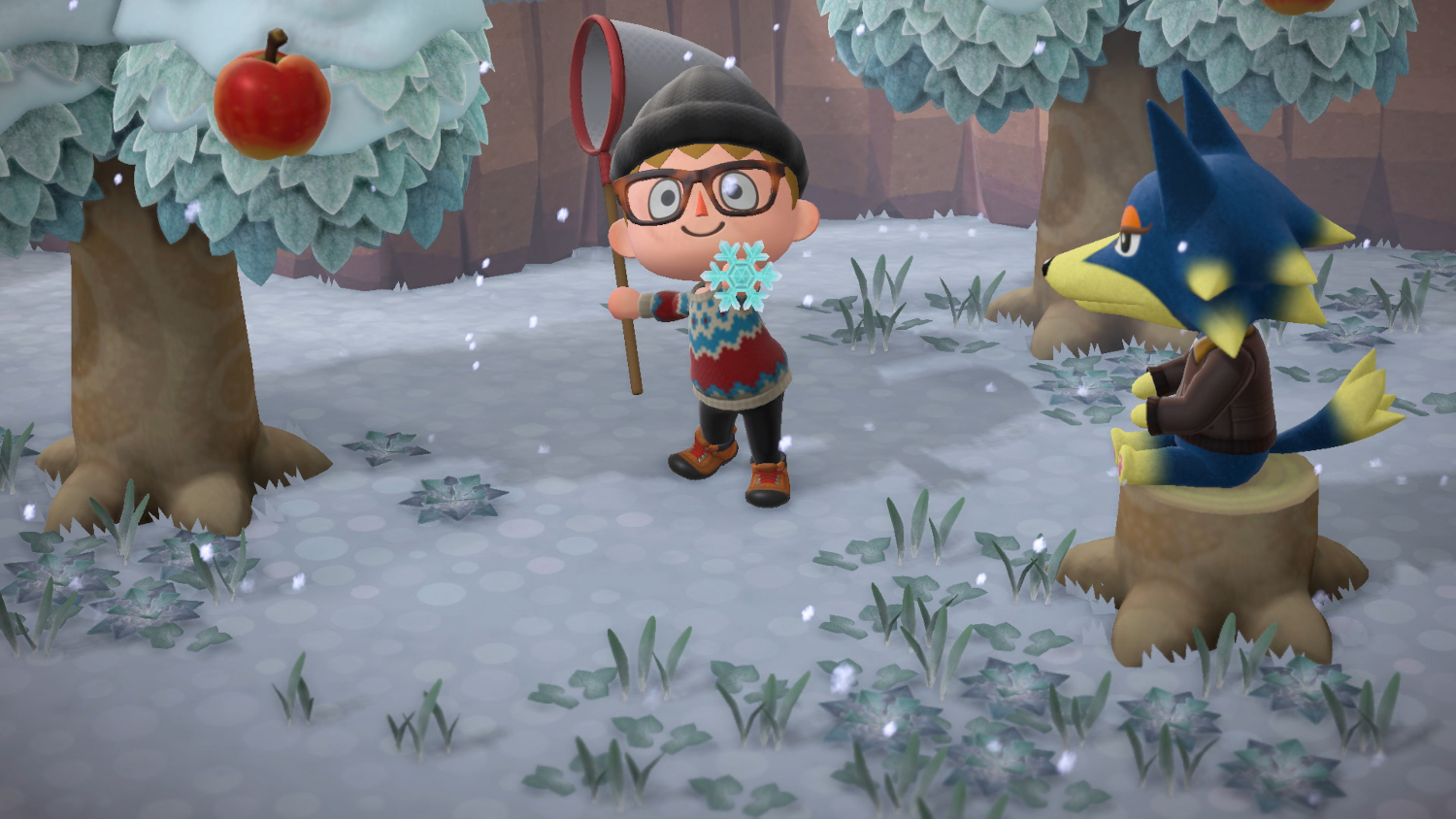 Scène enneigée d'Animal Crossing. Une personne avec un filet et un personnage ressemblant à un loup sont visibles.