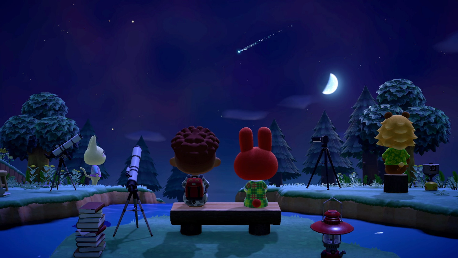 Scène d'Animal Crossing de nuit avec personnages, télescopes et étoile filante.