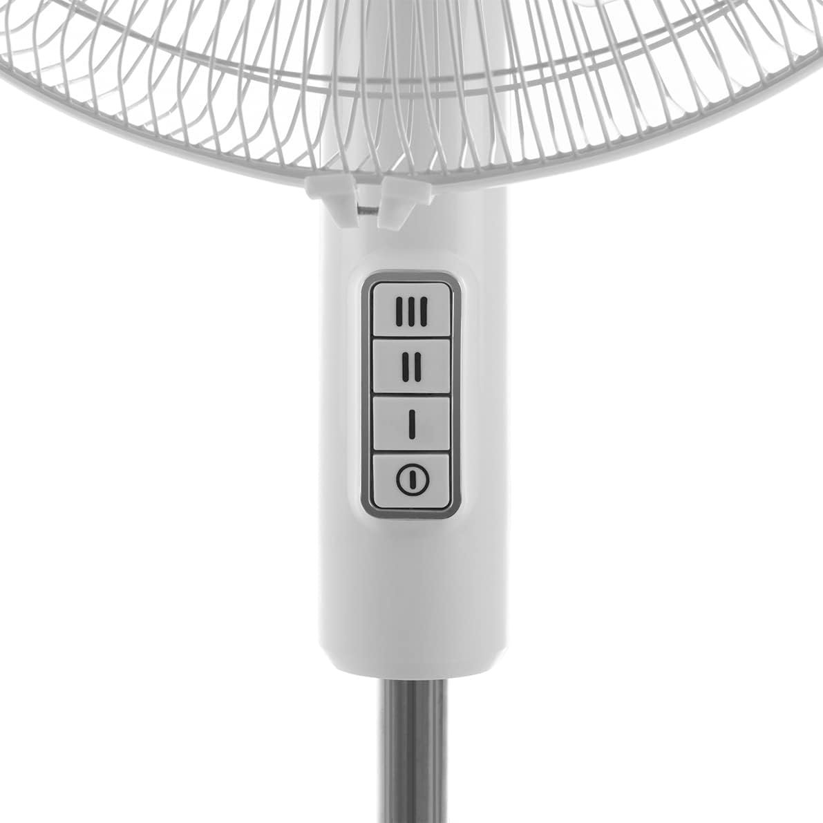 Controles de ventilador de pedestal blanco con tres botones y un interruptor de encendido/apagado.