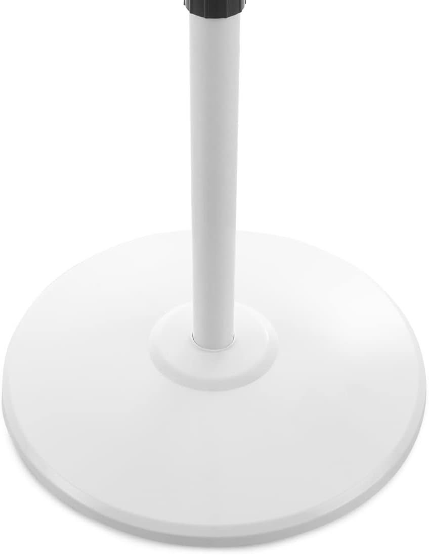 Base y soporte de ventilador blancos. La base es circular y sobre fondo blanco. El soporte es blanco.