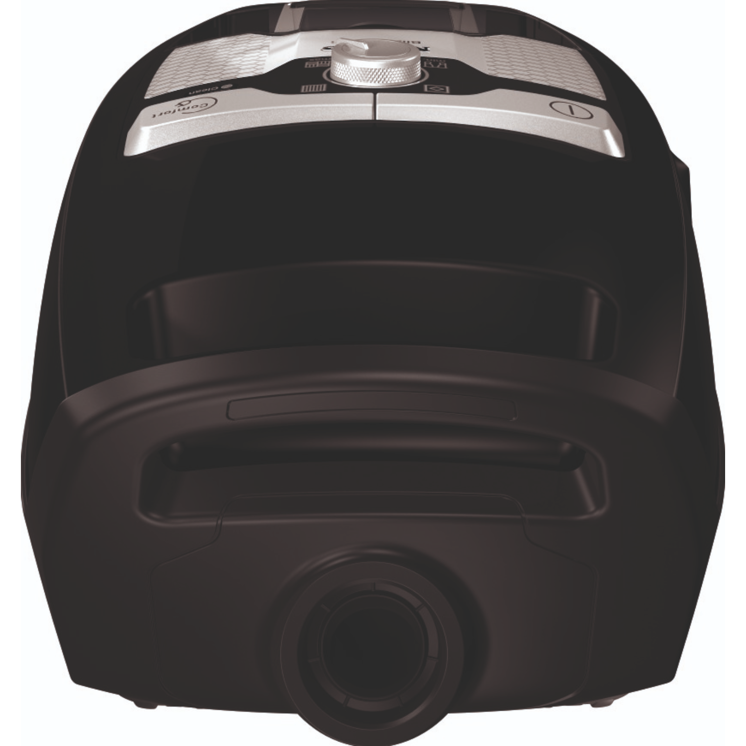Black vacuum cleaner with silver accents, top view. Handle at the bottom. Clean and Comfort logos are visible.