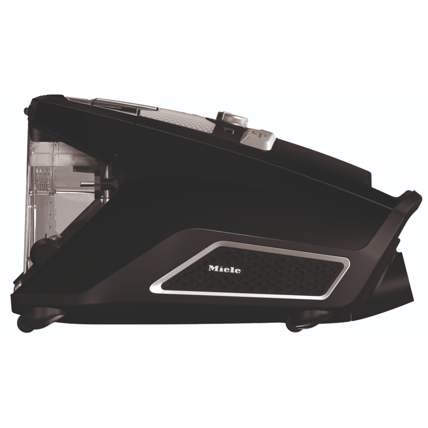 Black Miele vacuum cleaner. It has a transparent bin and a silver accent, and a control panel.