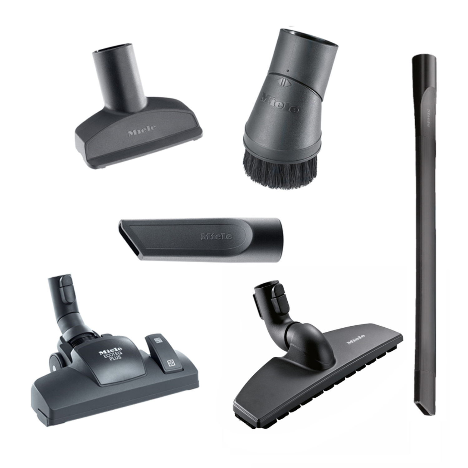 Vacuum cleaner attachments. Various nozzles and brushes for cleaning different surfaces. White background.