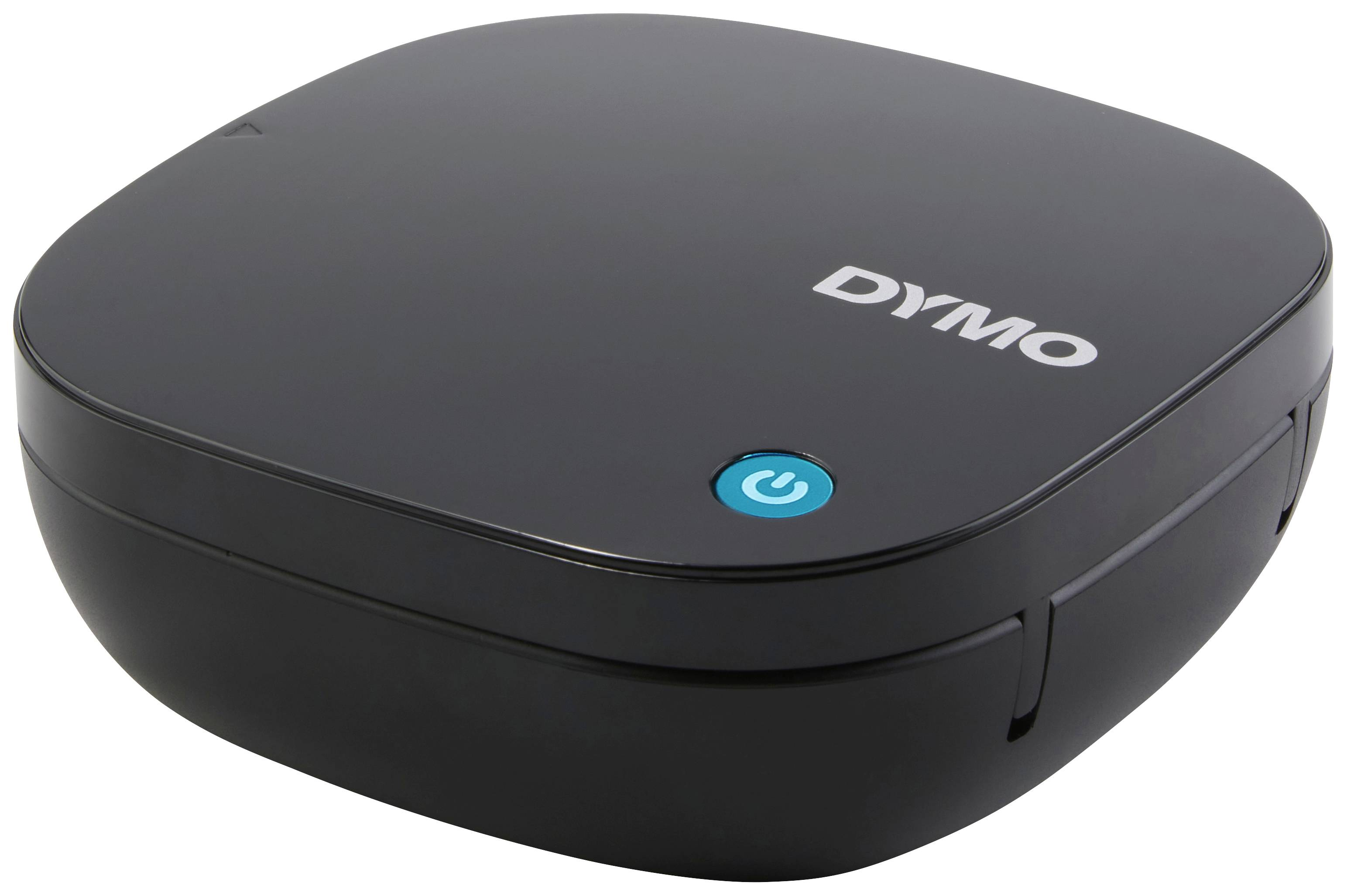Rotuladora DYMO negra. Botón de encendido azul. El logo es blanco.