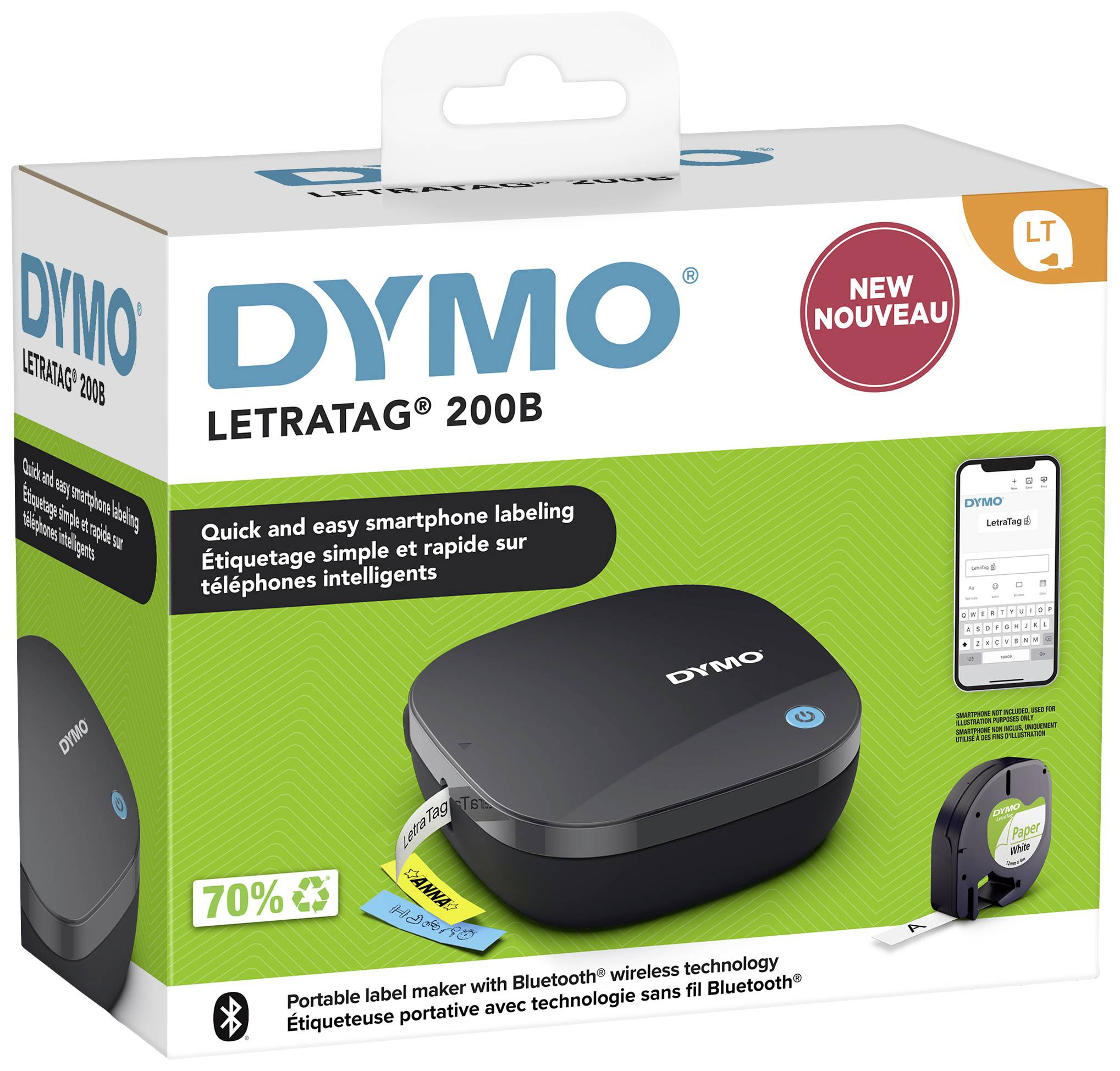 Caja de la rotuladora Dymo LetraTag 200B, con una etiqueta y un rollo de cinta.