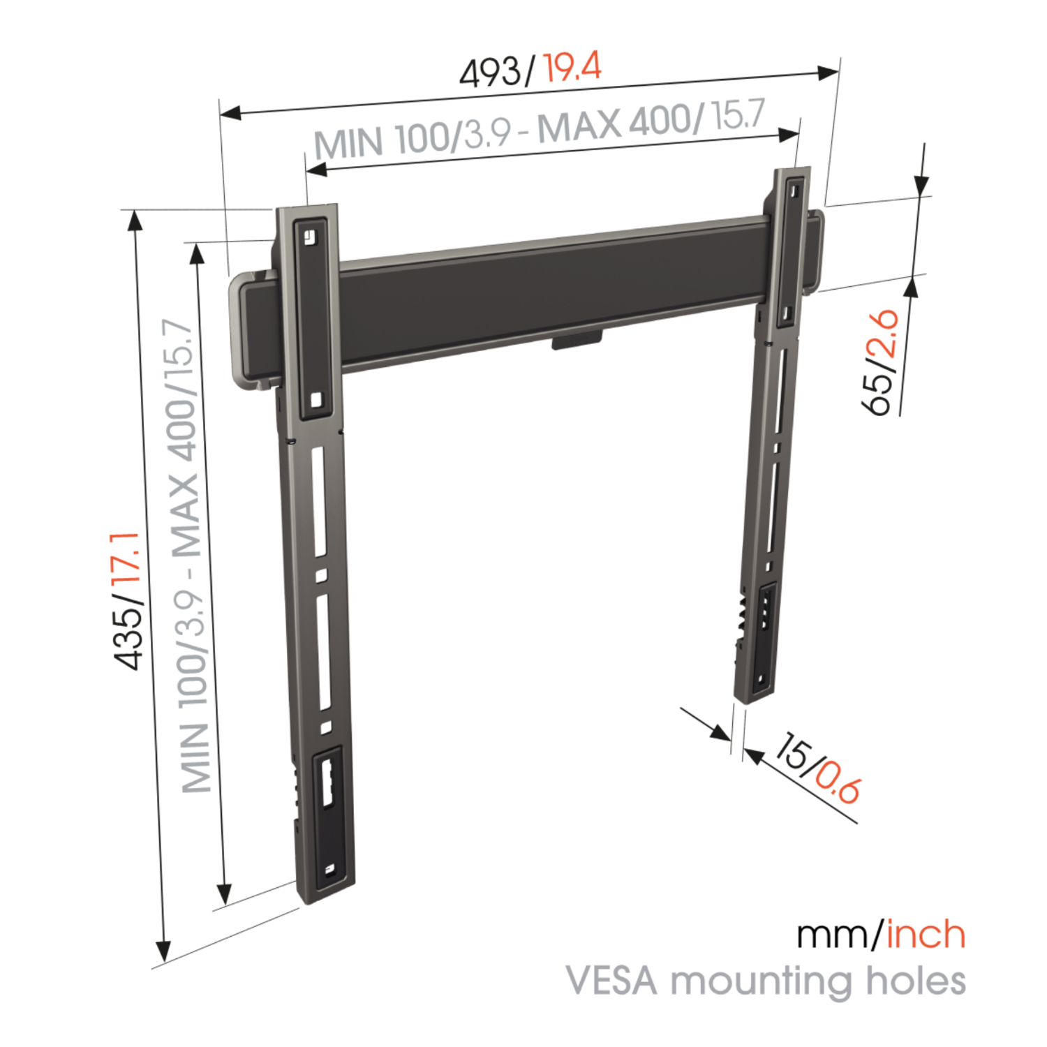 TV bracket with dimensions in mm and inches. Black metal construction with two vertical arms.