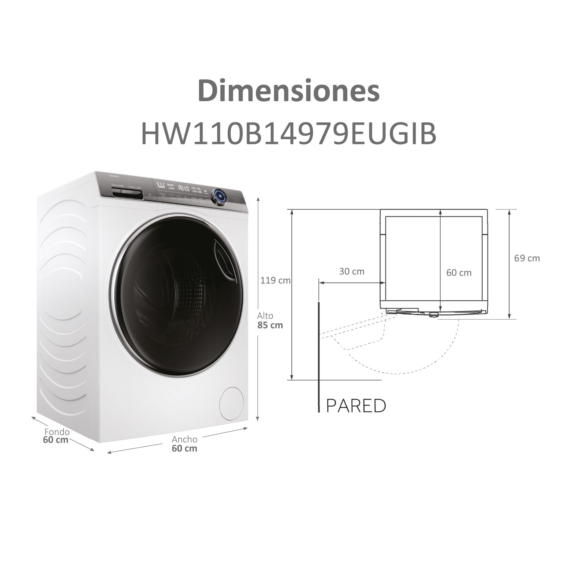 Diagrama de una lavadora blanca con dimensiones y un diagrama de giro de puerta.