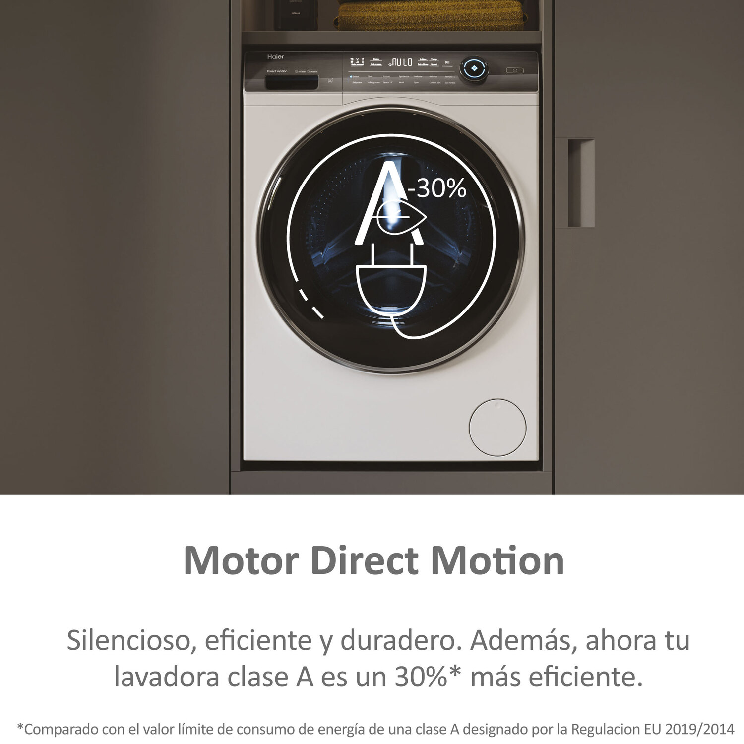 Una lavadora con pantalla grande, mostrando gráfico enchufe y texto -30%.