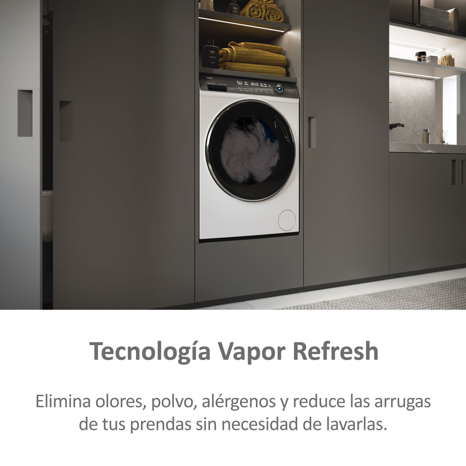 Una lavadora blanca moderna en un armario gris oscuro con texto promocional debajo.