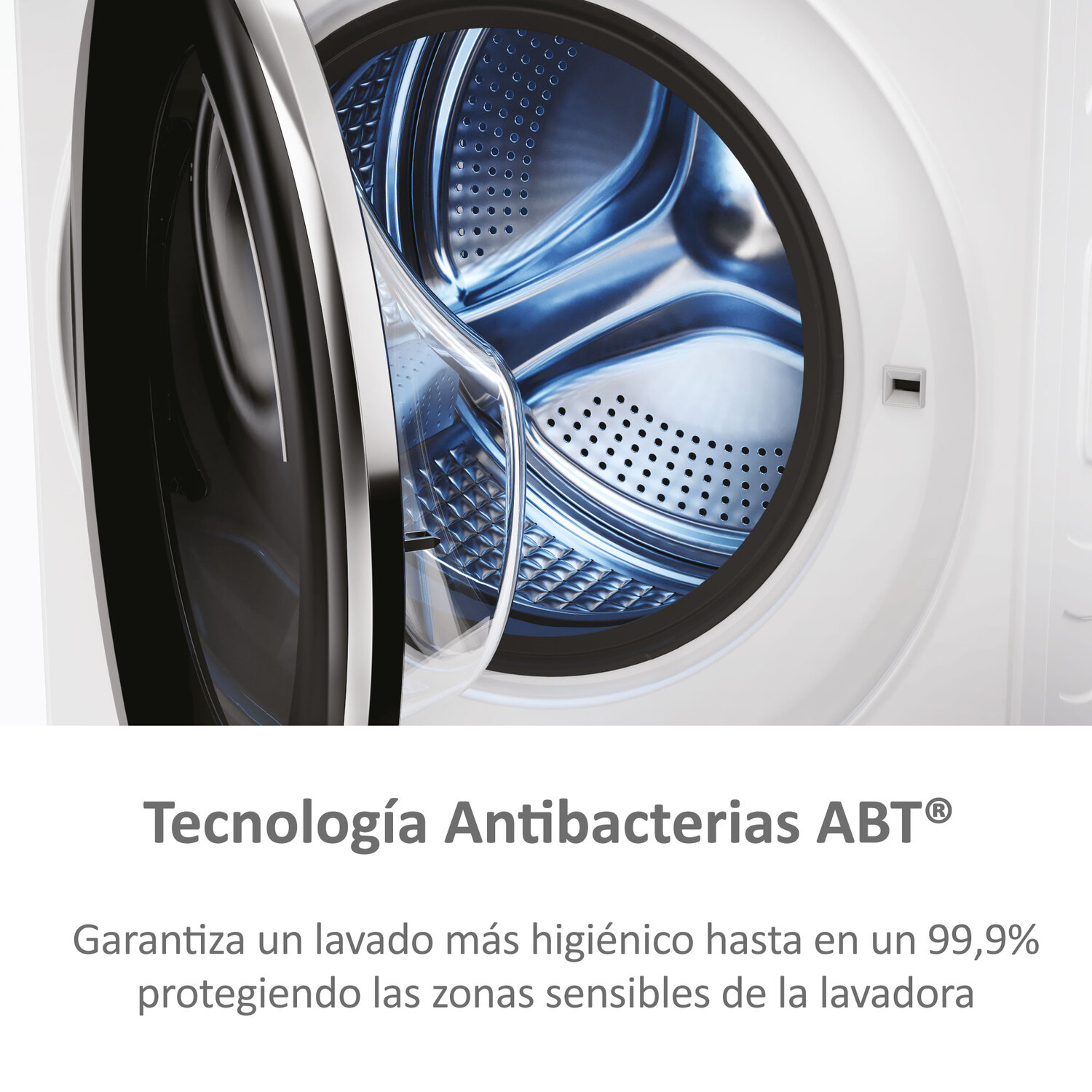 Puerta de lavadora abierta, luz interior azul. Texto sobre tecnología antibacteriana.