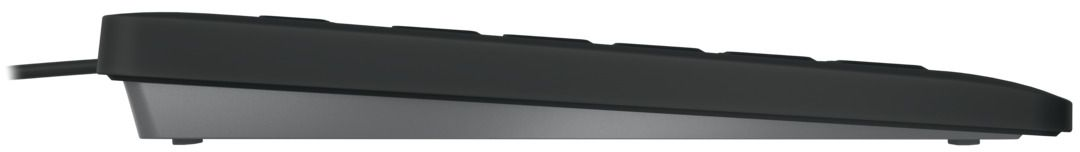 Eine schwarze Tastatur von der Seite. Die Tasten und die Basis sind sichtbar.