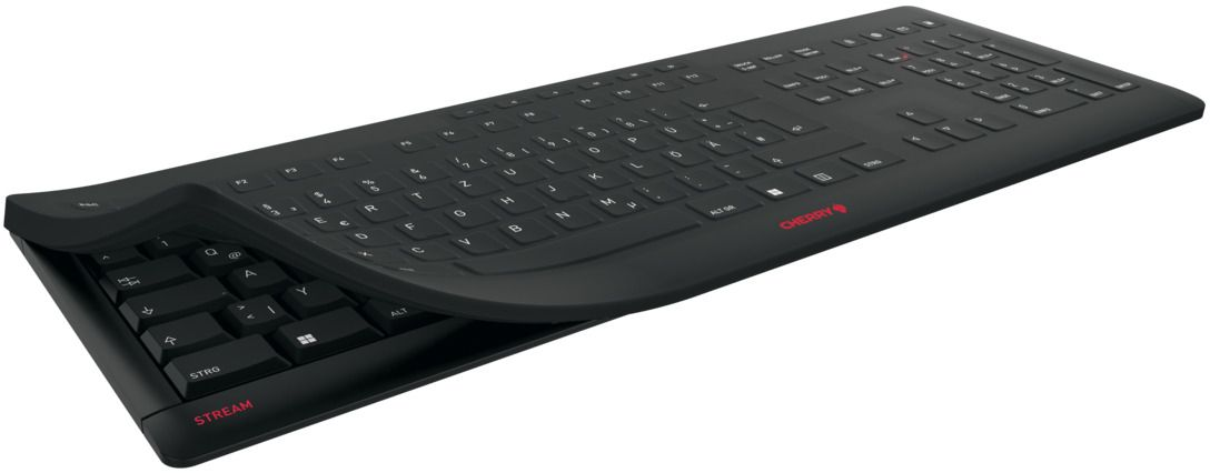 Schwarze ergonomische Tastatur mit geschwungenem Design. Cherry-Logo rot vorne.
