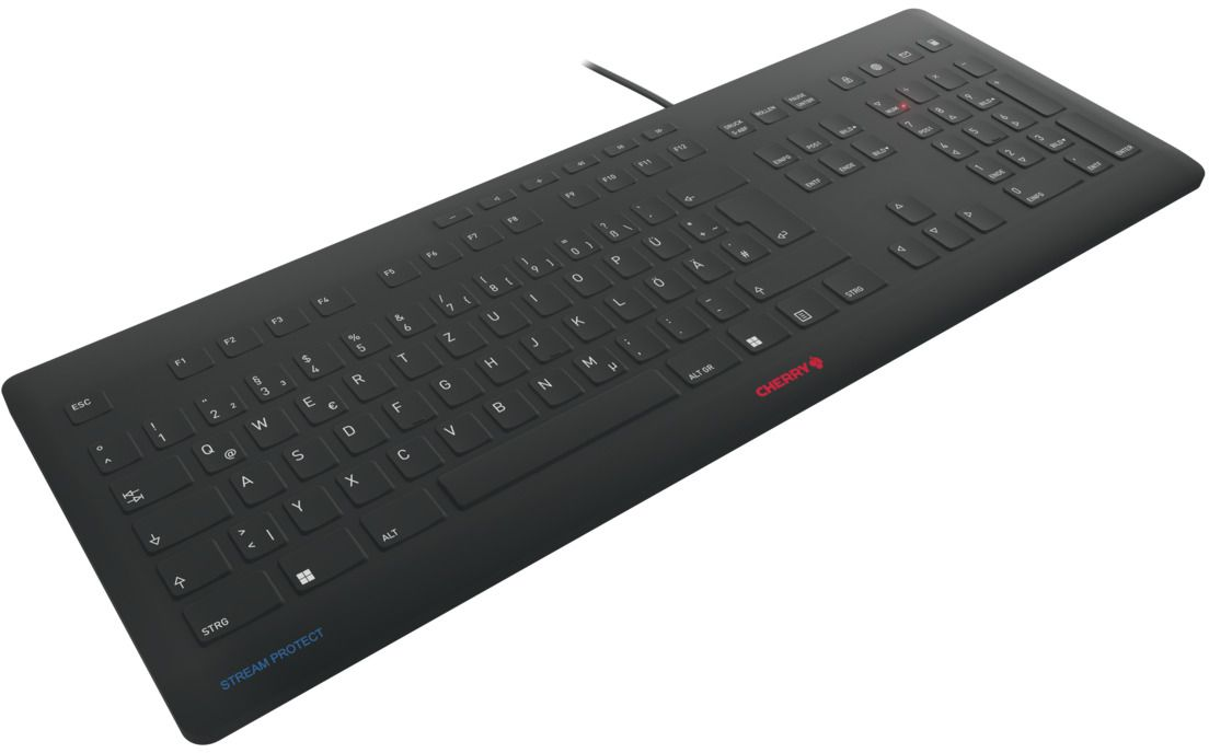 Schwarze Tastatur mit weißen Tasten, Cherry-Logo und einem Stream Protect-Etikett.