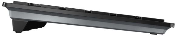 Schwarze Tastatur, abgewinkelt, mit niedrigem Profil und dunkelgrauer Oberfläche.