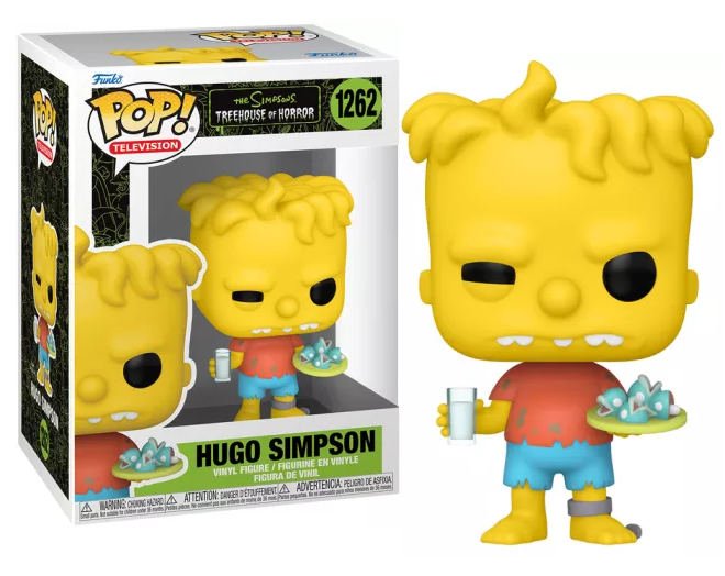 Figura de vinilo de Hugo Simpson con caja, sosteniendo bebida y plato con objetos.