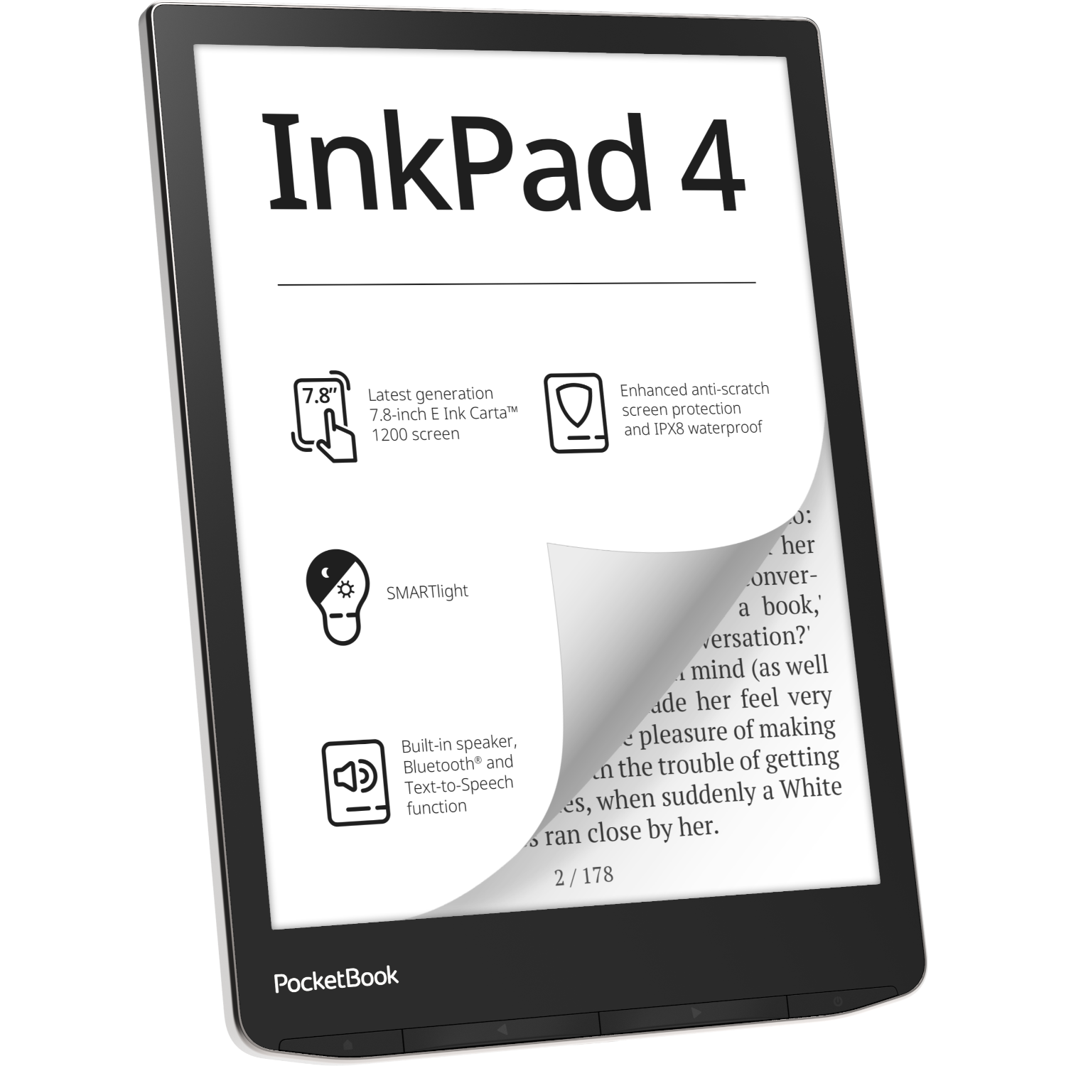 Black e-reader with a large screen showing text and icons.