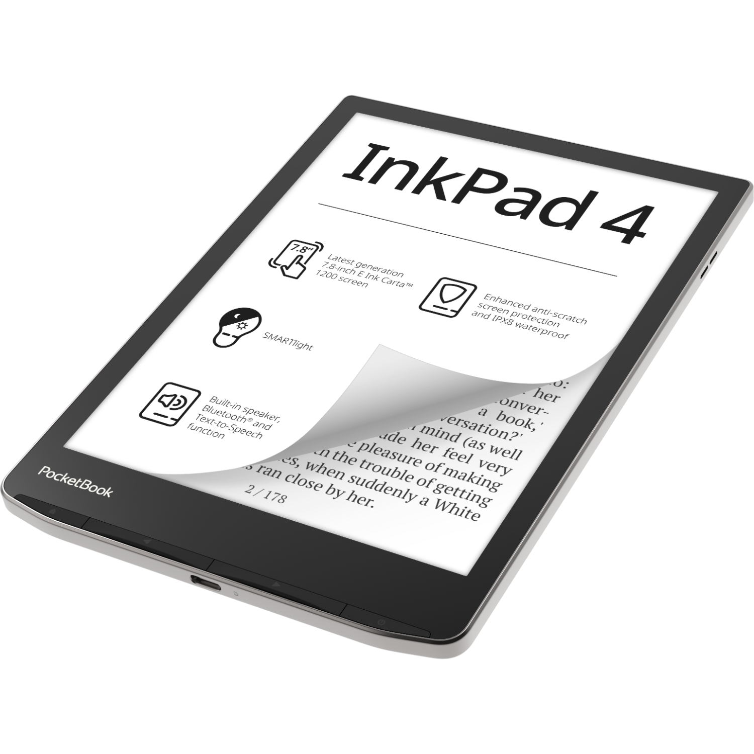 A PocketBook InkPad 4 e-reader, displaying a book page with text and illustrations. The device is open.