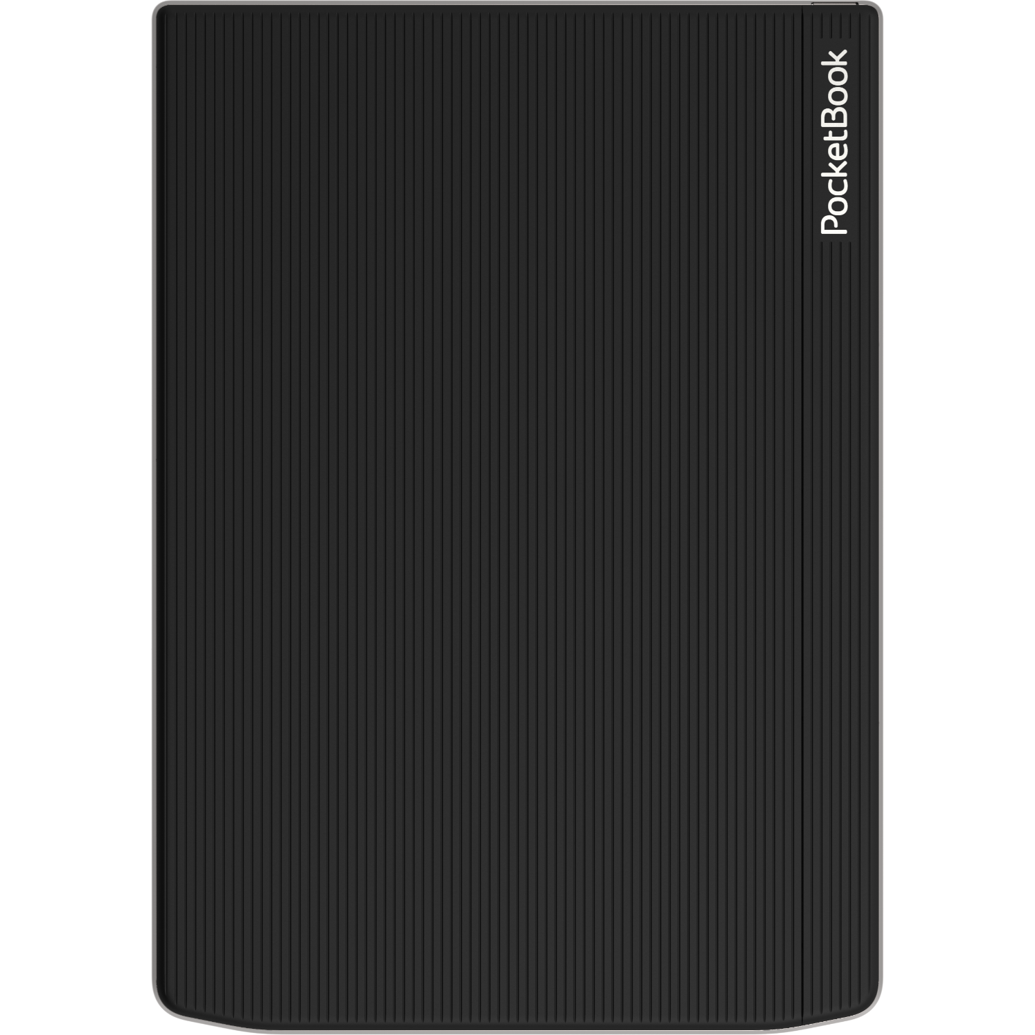A black e-reader with a textured cover and the word 'PocketBook' printed on the side.