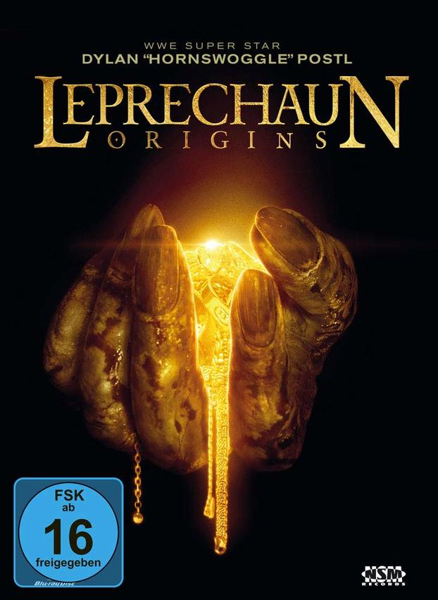 Filmcover für Leprechaun Origins, mit Hand, die Gold hält und einem Kobold.