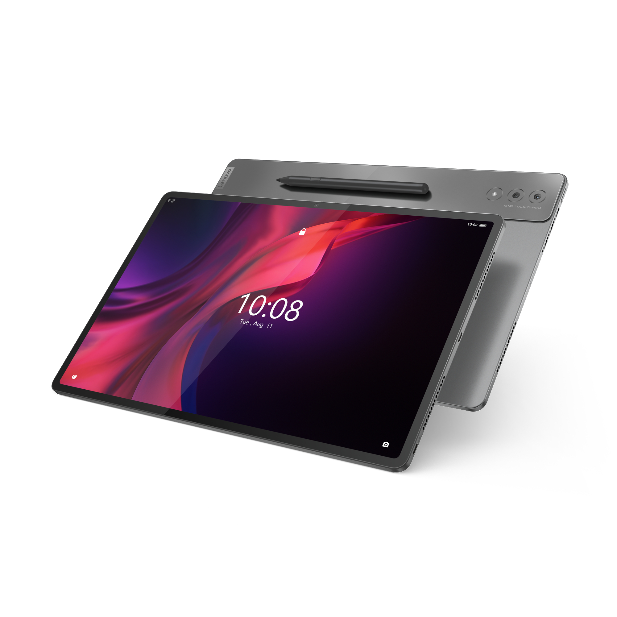Ein Tablet mit schwarzem Rahmen, das die Uhrzeit anzeigt. Ein Stift liegt auf der Rückseite neben der Kamera.