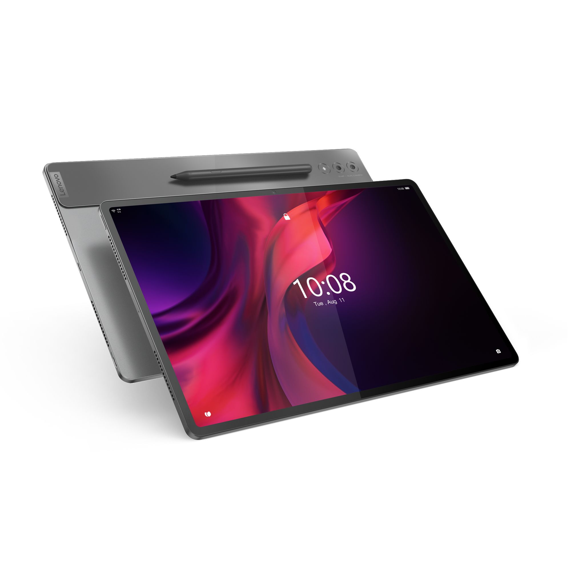 Zwei Tablets auf weißer Oberfläche, eines geöffnet mit Bildschirm, das andere geschlossen.
