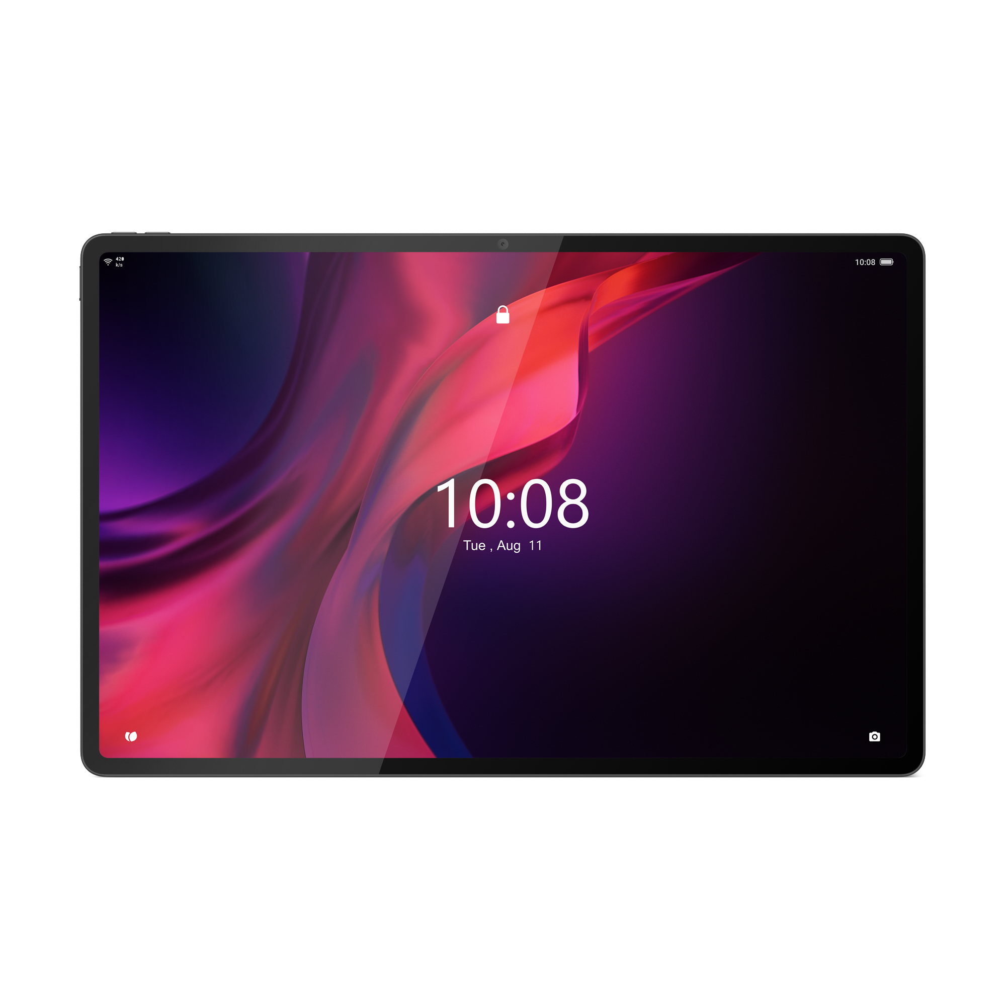 Schwarzes Tablet mit farbigem Bildschirm, der Zeit und Datum anzeigt.