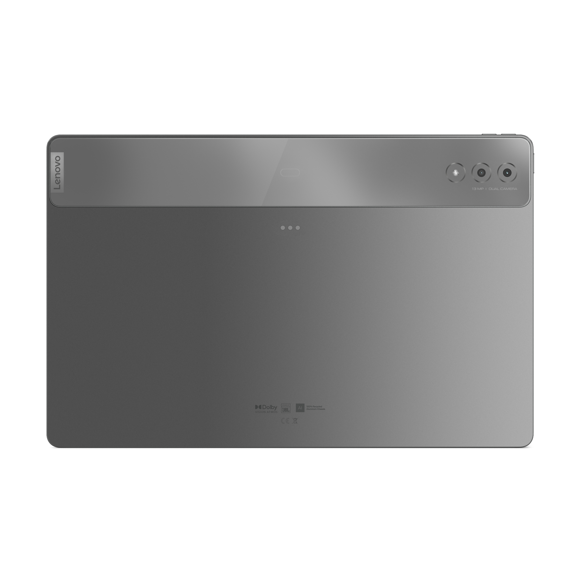 Ein silbernes Lenovo Tablet mit Dual-Kameras und Lenovo-Logo auf der Rückseite.