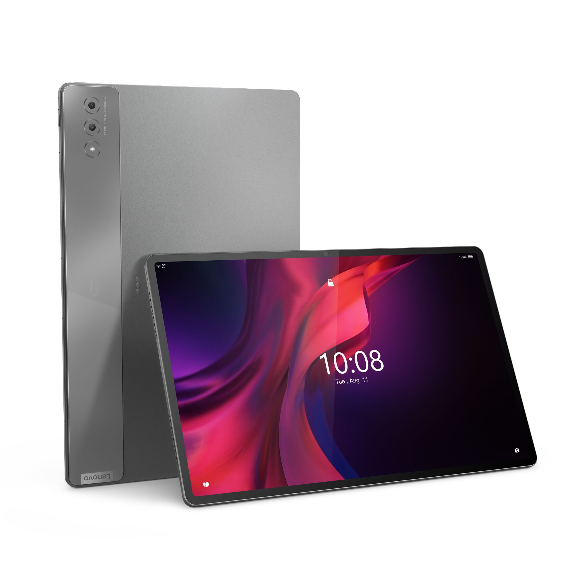 Silbernes Tablet mit einem Bildschirm, der die Zeit anzeigt, und ein zweites Tablet dahinter.