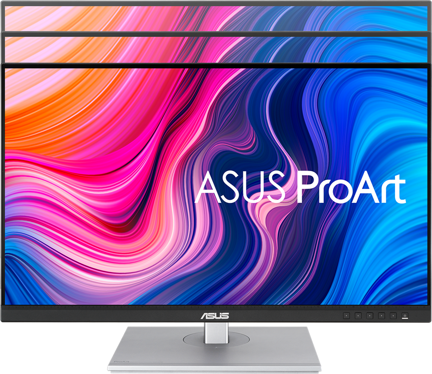 ASUS ProArt monitor. A képernyő sokszínű absztrakt dizájnt mutat.