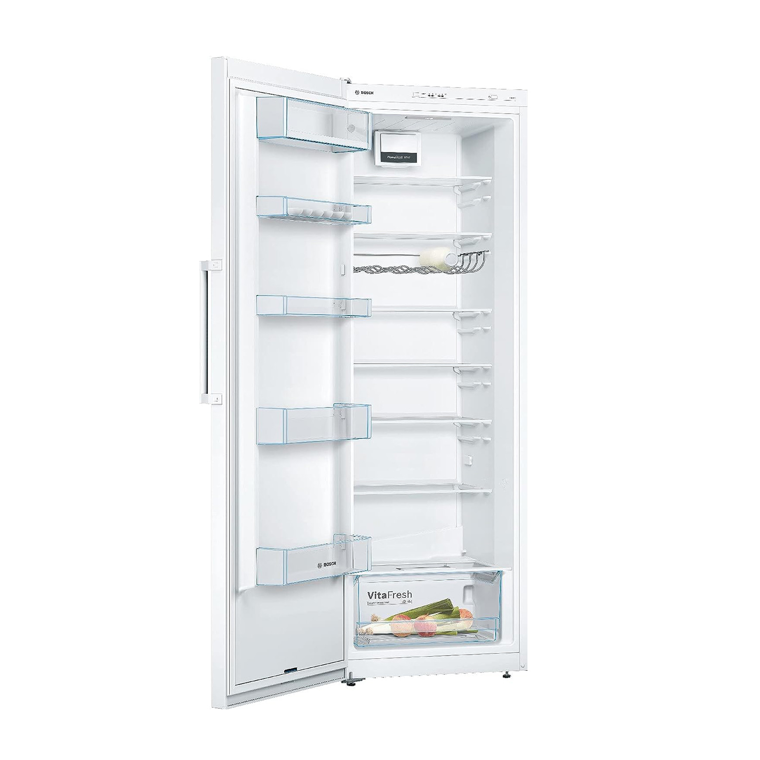 Frigorifero bianco con porta aperta. Ripiani, cassetti e una sezione VitaFresh sono visibili.