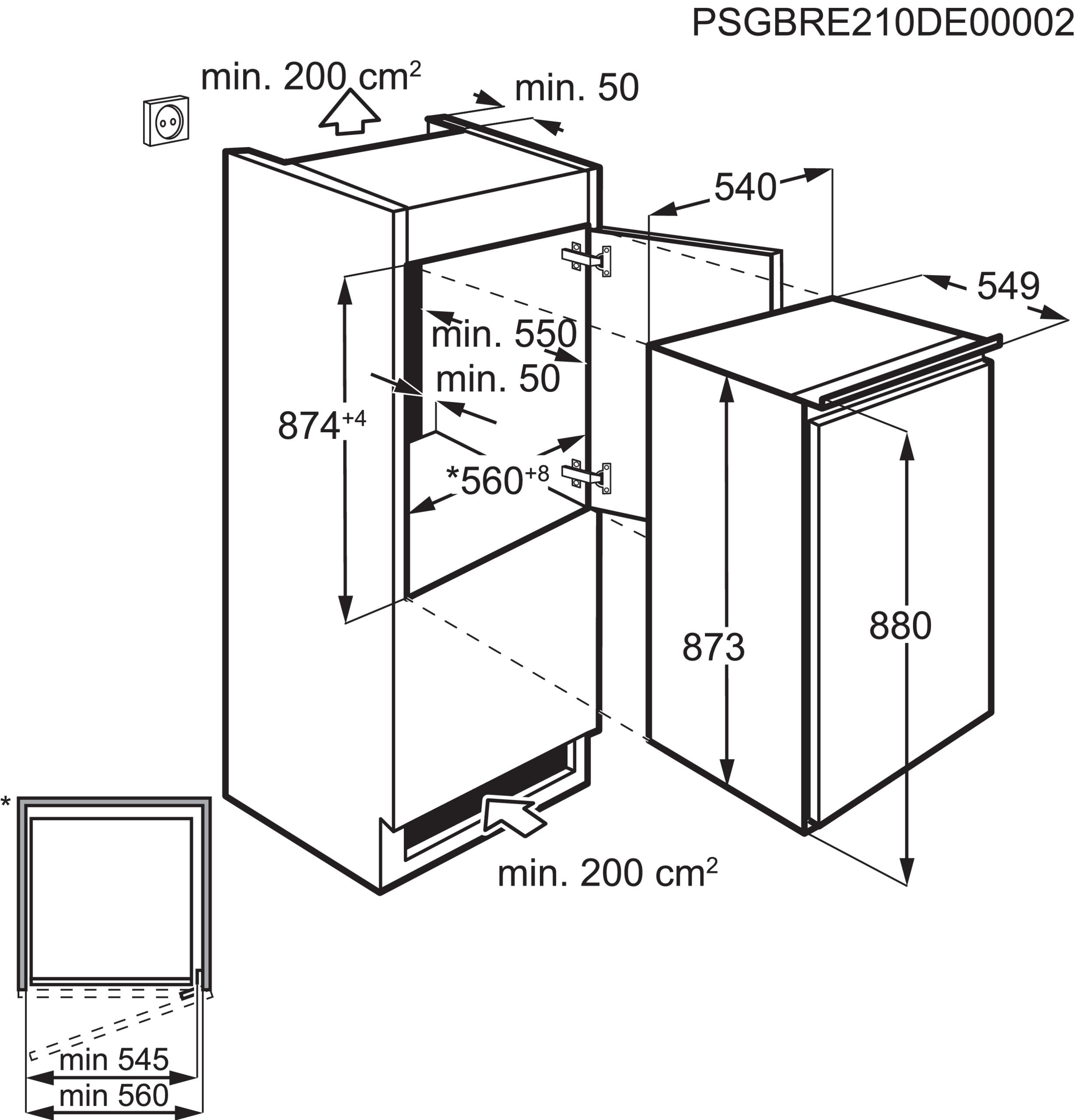 Diagramm eines Einbaukühlschranks. Zeigt Abmessungen und Details des Geräts.