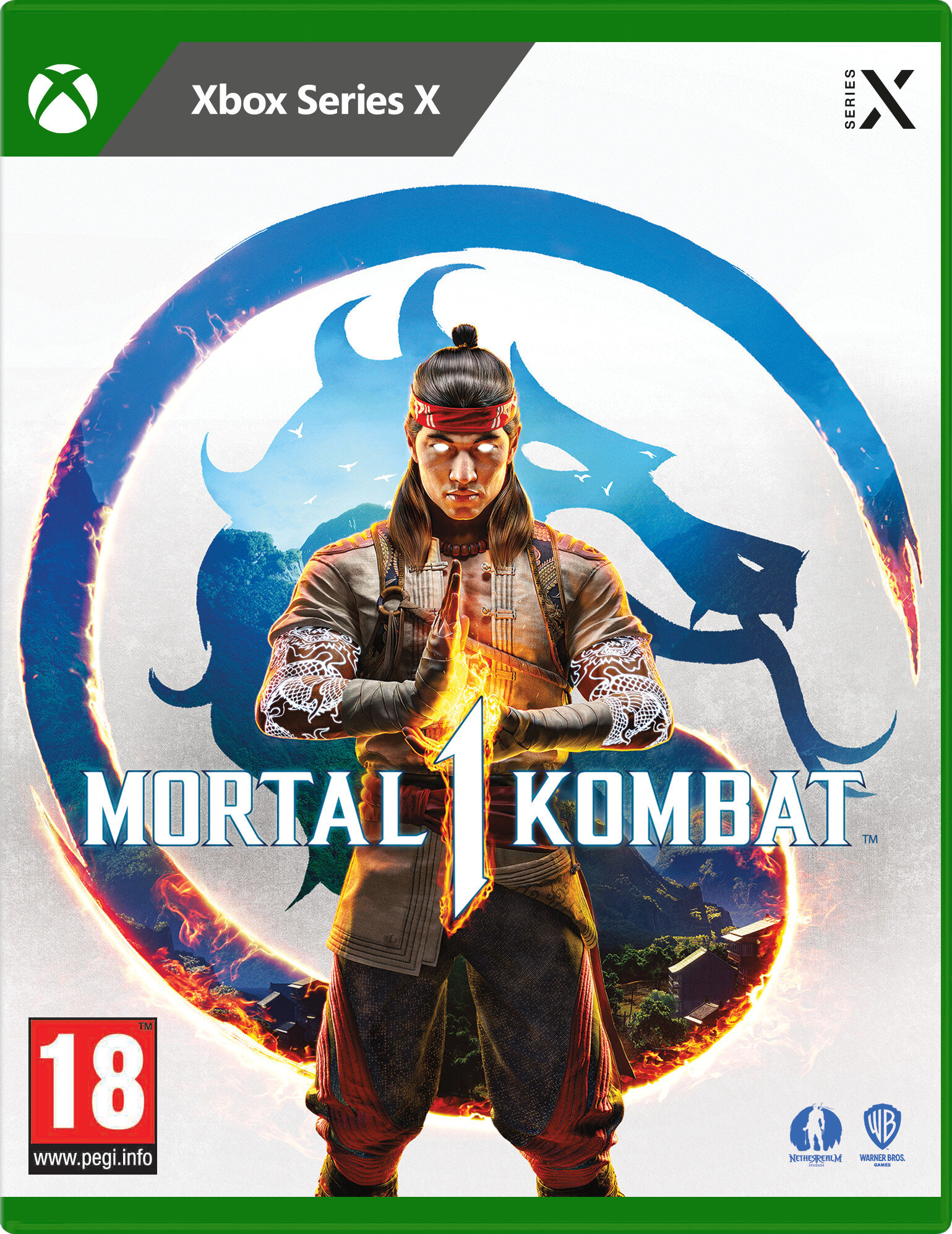 Okładka gry Mortal Kombat z wojownikiem, logo i marką Xbox Series X.