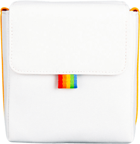 Biała torba na aparat Polaroid z tęczowym paskiem i pomarańczowym obszyciem.