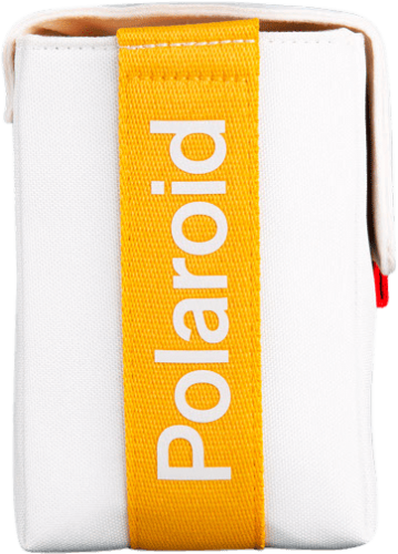 Białe etui na aparat Polaroid z żółtym paskiem. Na pasku nadruk z napisem 'Polaroid'.