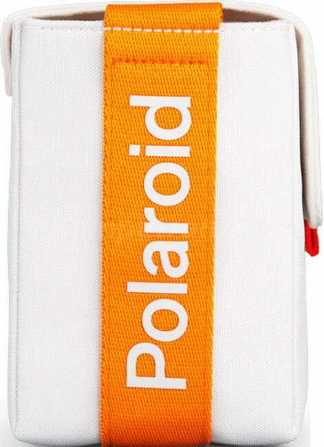 Białe etui na aparat Polaroid z pomarańczowym paskiem i białym tekstem.