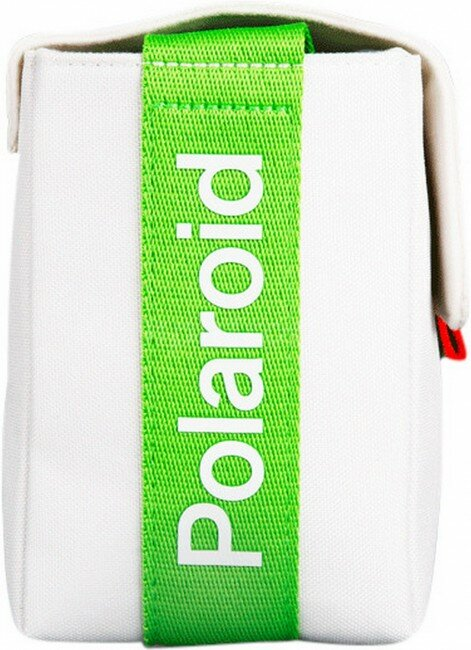 Białe etui na aparat Polaroid z zielonym paskiem z napisem 'Polaroid'.