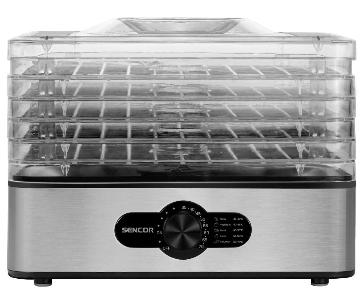 Suszarka do żywności z wieloma półkami. Z przodu pokrętło z ustawieniami.