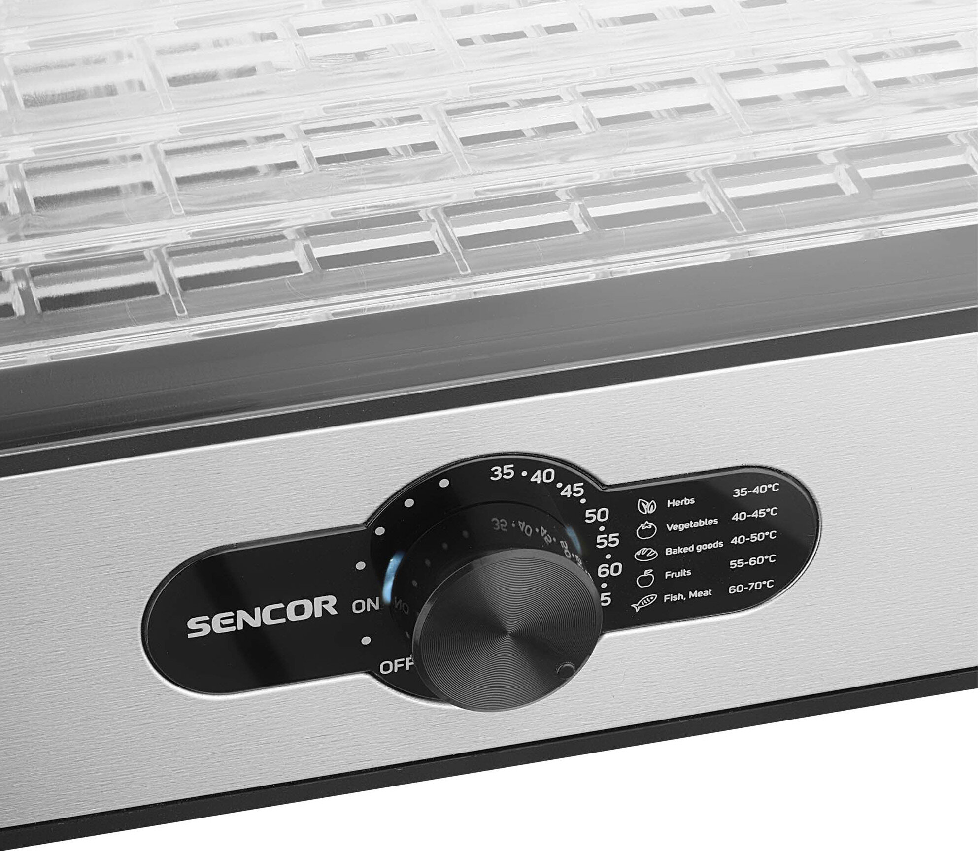 Zbliżenie panelu sterowania suszarki do żywności SENCOR. Pokrętło i ustawienia dla ziół, warzyw itp.
