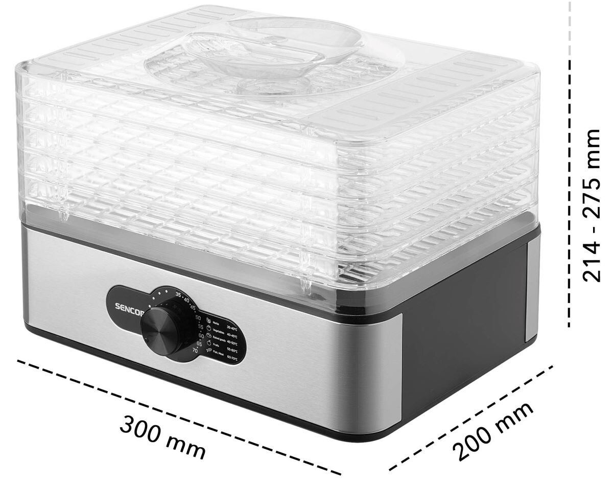 Srebrno-czarna suszarka do żywności z przezroczystym, modułowym systemem tacek.