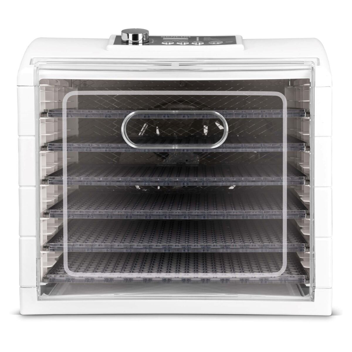 Biała suszarka do żywności z przezroczystymi tacami i panelem sterowania.