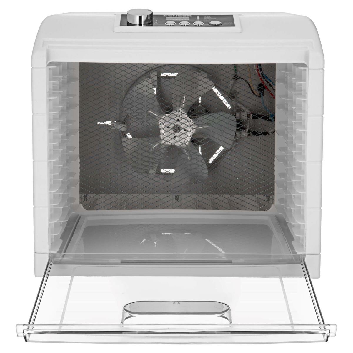 Widok z góry na białą suszarkę do żywności z tacami i wentylatorem w środku.