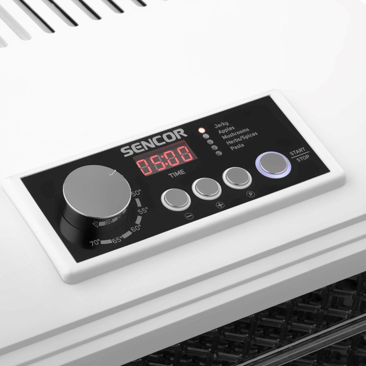 Biały panel sterowania dehydratorem żywności z przyciskami i pokrętłem.