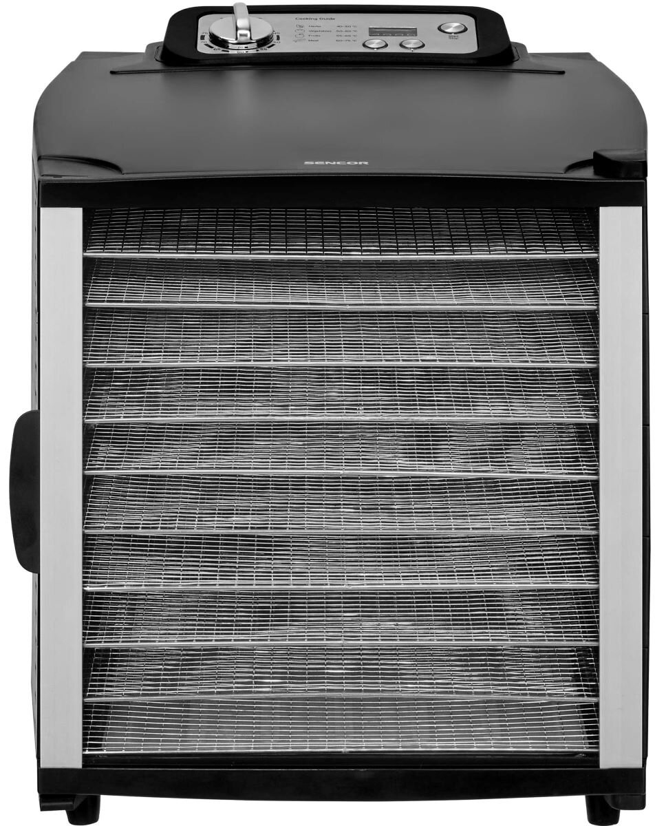 Czarny dehydrator żywności z wieloma półkami i cyfrowym panelem sterowania na górze.