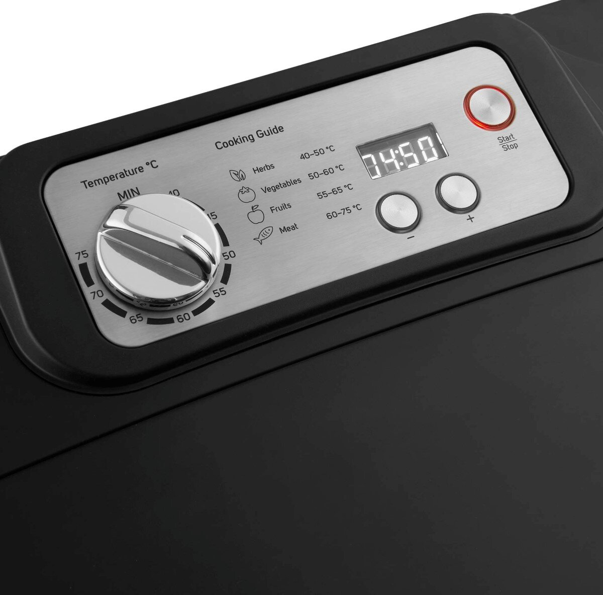 Zbliżenie czarnego panelu sterowania frytkownicy beztłuszczowej. Pokazuje timer, temp. i ustawienia.