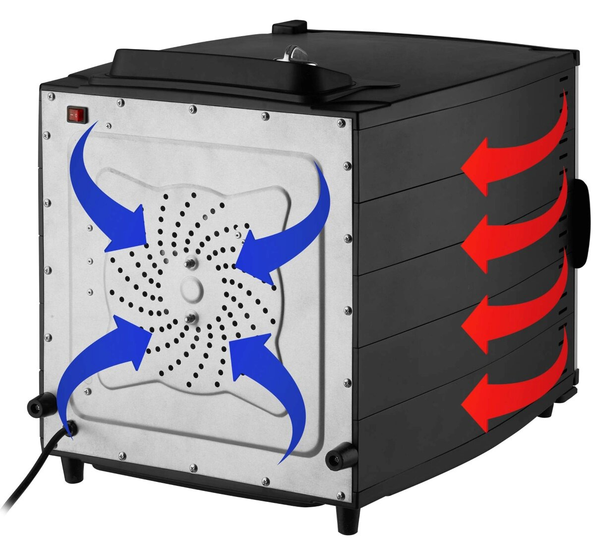Tył czarnej suszarki do żywności, ze strzałkami wskazującymi kierunek przepływu powietrza.